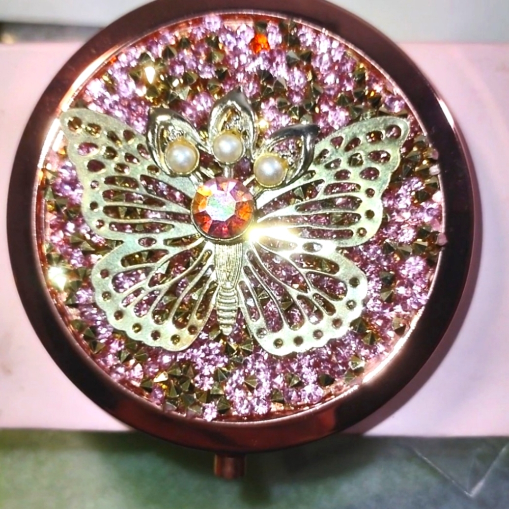 Rose Gold Embellished Butterfly Compact Makeup Mirror